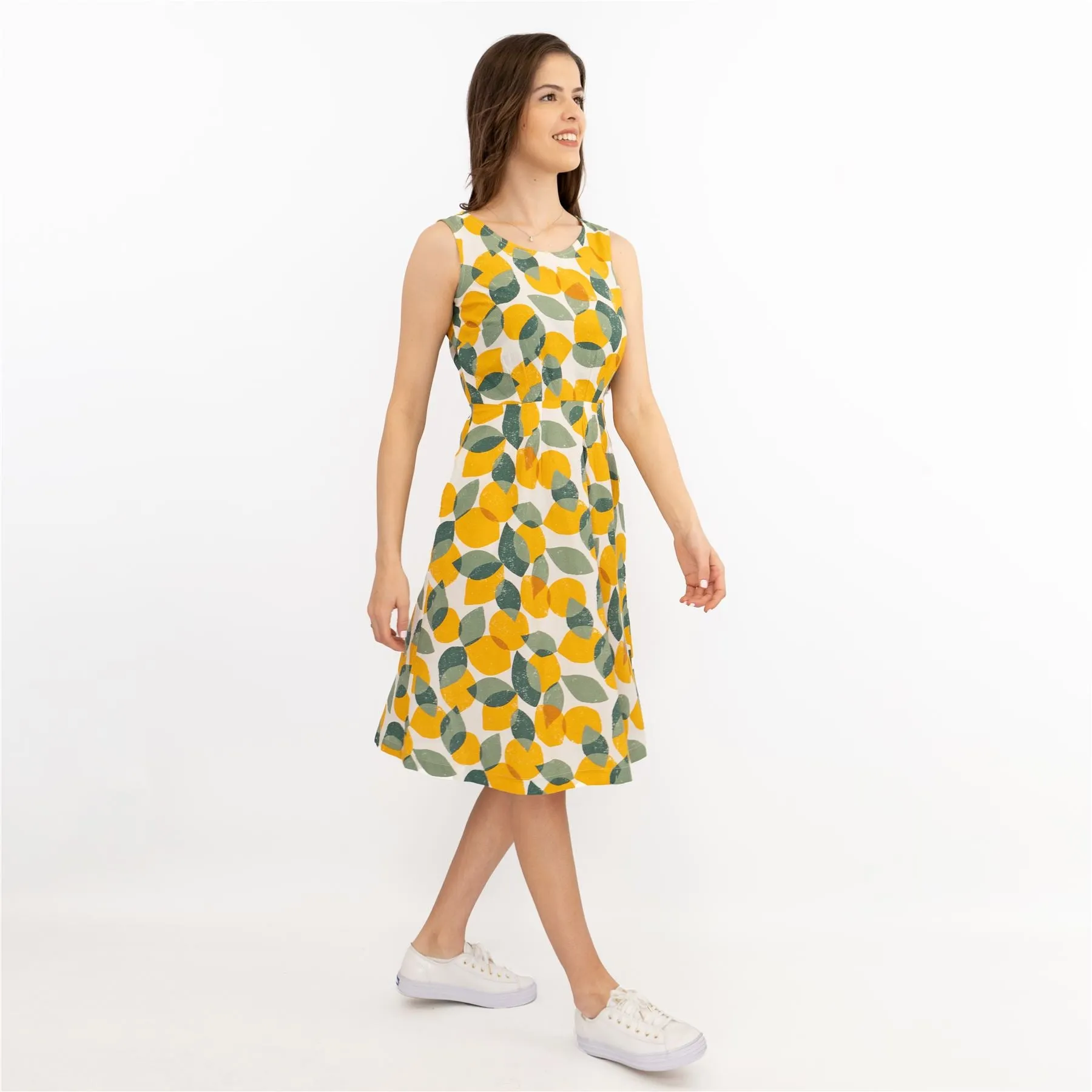 Seasalt Quick Sketch Lemon Lime Sleeveless Fit & Flare Dresses with Pockets (PETITE)