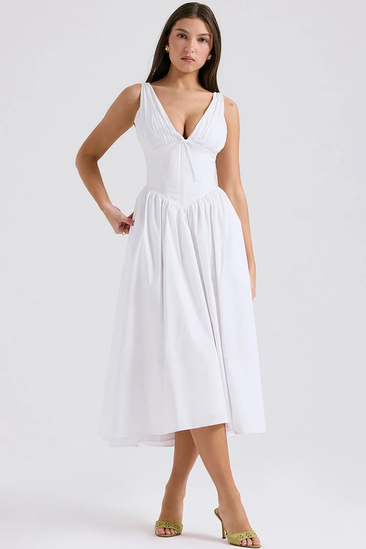 Sexy Bow Tie Deep V Ruched Drop Waist Pocket Corset Midi Sundress - White