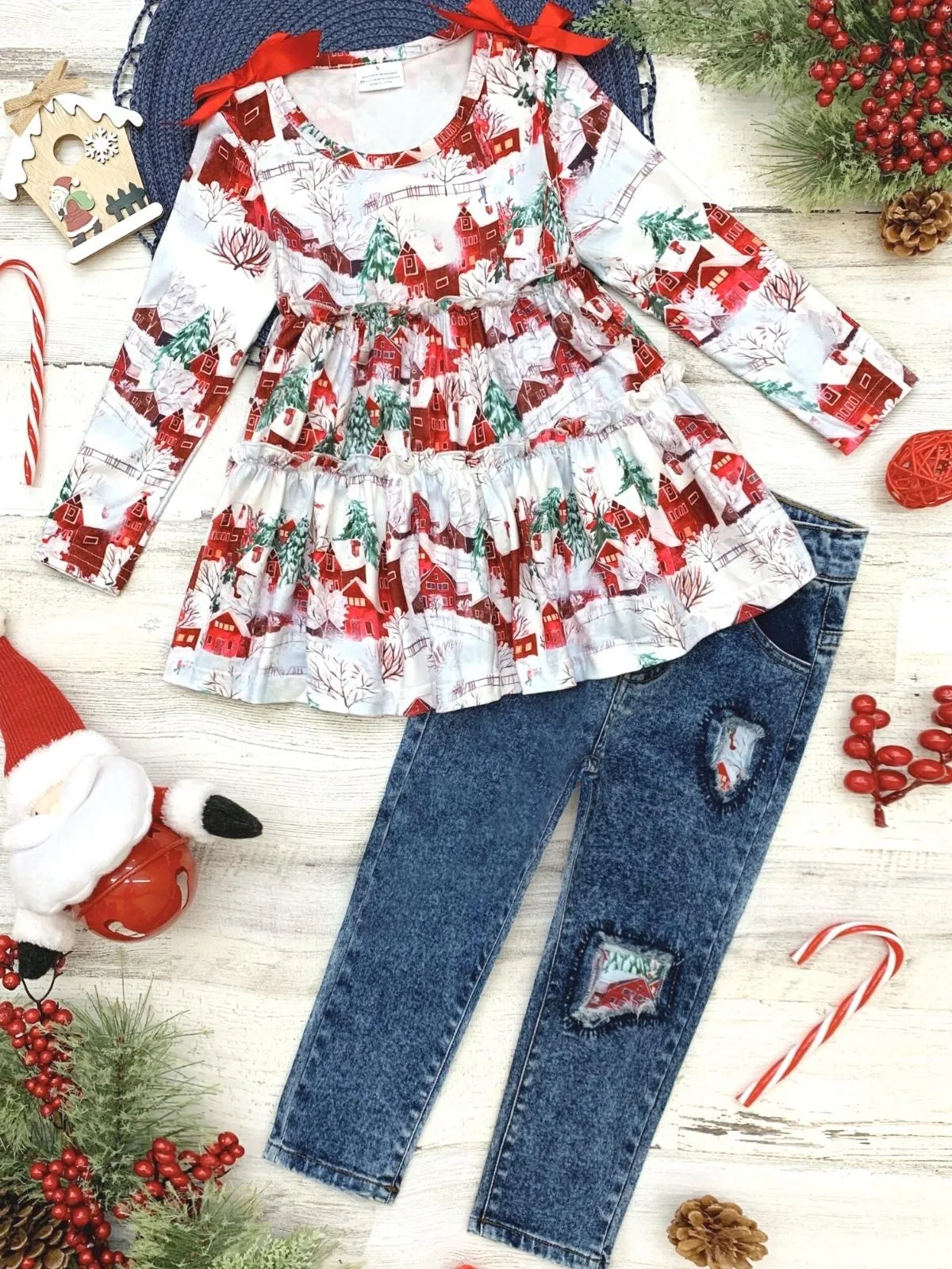 Sleigh Princess Ruffled Top and Patched Jeans Set