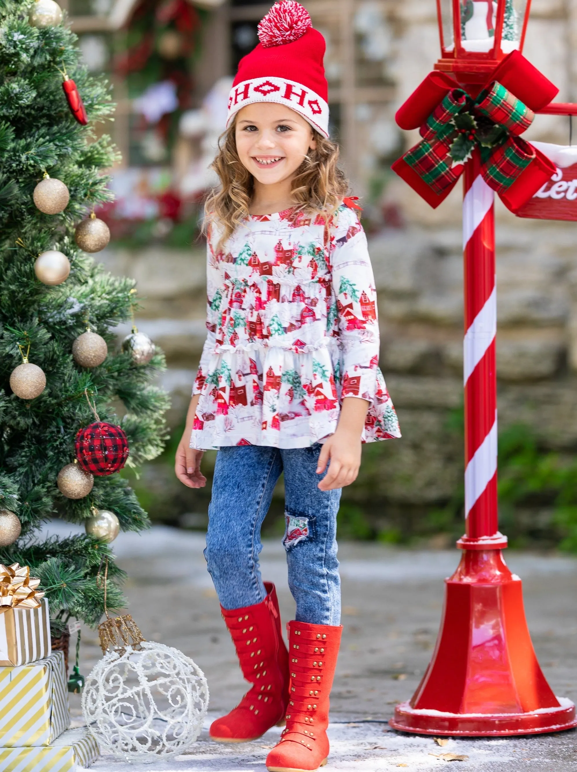 Sleigh Princess Ruffled Top and Patched Jeans Set