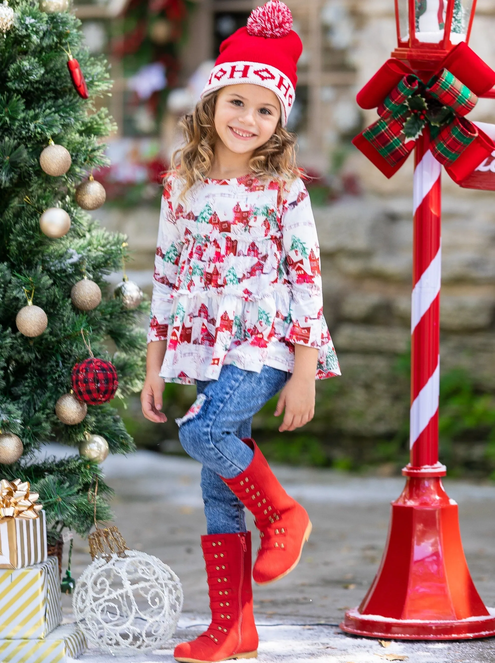 Sleigh Princess Ruffled Top and Patched Jeans Set