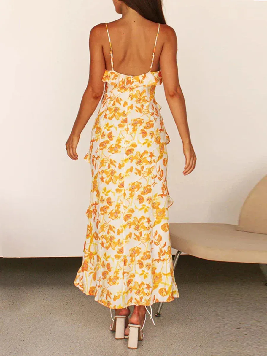 Slip Dress Sleeveless V-neck Flower Print Ruffled Yellow Slim Fitted Elegant Cocktail Casual Women Dress