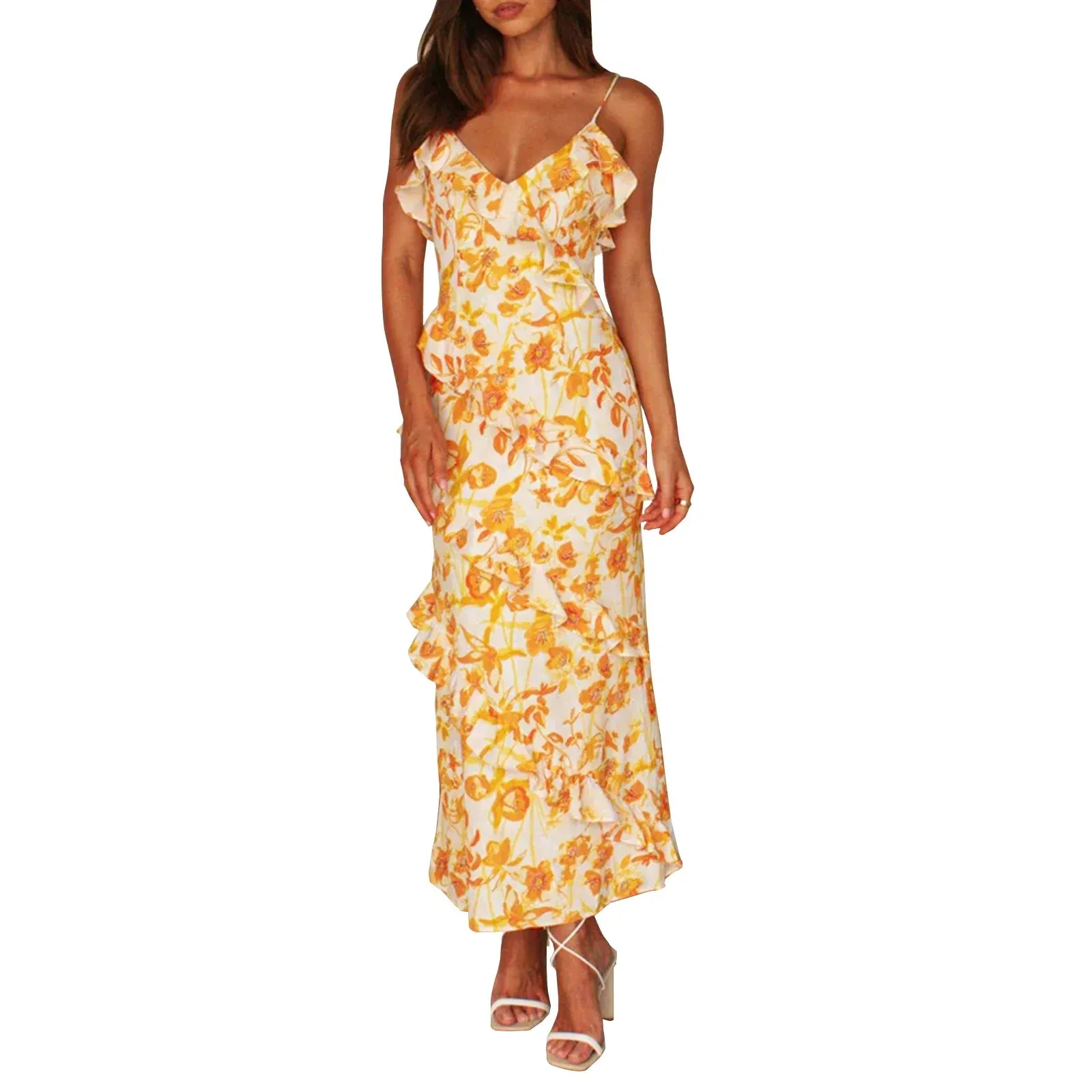 Slip Dress Sleeveless V-neck Flower Print Ruffled Yellow Slim Fitted Elegant Cocktail Casual Women Dress