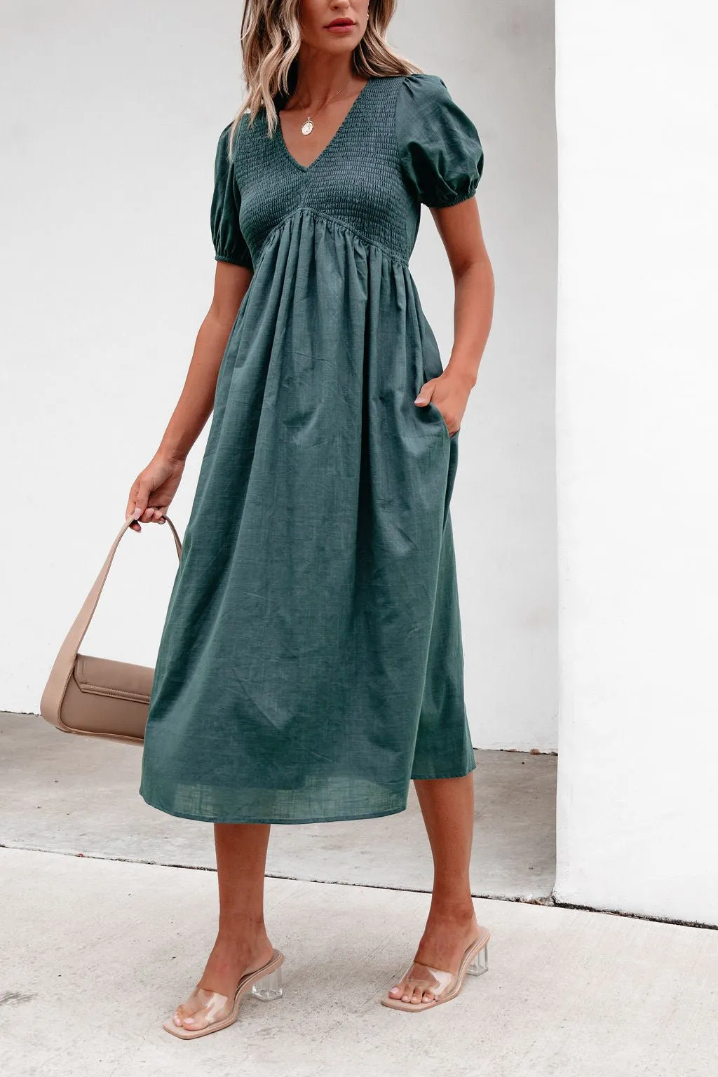 Teal Puff Sleeve Textured Midi Dress - FINAL SALE