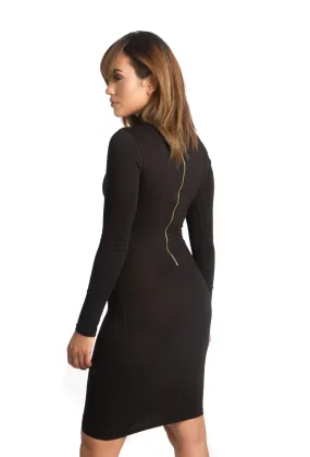 THE MYSTYLEMODE BLACK LONG SLEEVE TURTLENECK BACK ZIPPER MIDI DRESS