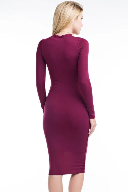 THE MYSTYLEMODE BURGUNDY DOUBLE LINED LONG SLEEVE FUNNEL NECK MIDI DRESS