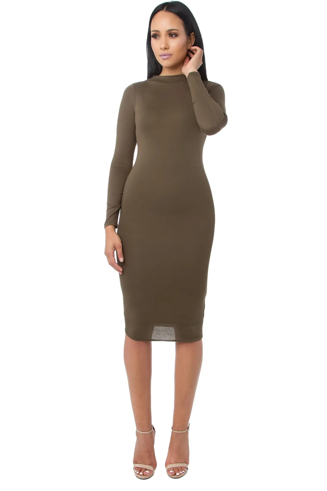 THE MYSTYLEMODE OLIVE DOUBLE LINED LONG SLEEVE FUNNEL NECK MIDI DRESS