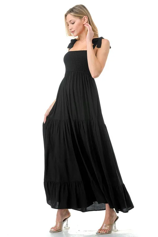 Tie Shoulder Smocked Tiered Maxi Dress