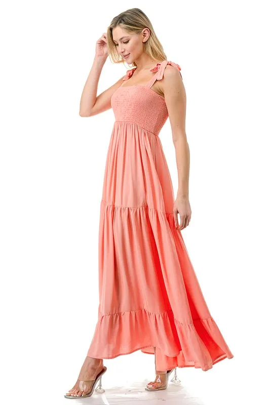 Tie Shoulder Smocked Tiered Maxi Dress