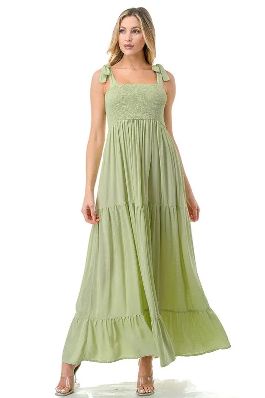 Tie Shoulder Smocked Tiered Maxi Dress