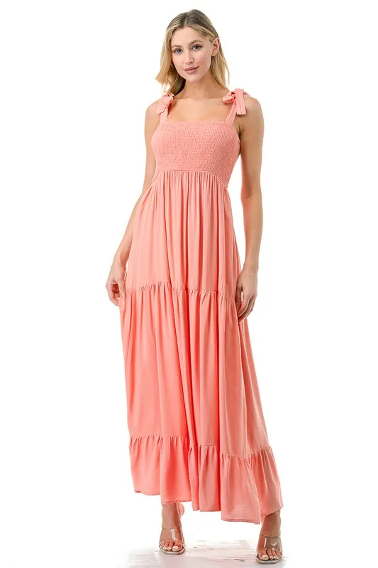 Tie Shoulder Smocked Tiered Maxi Dress