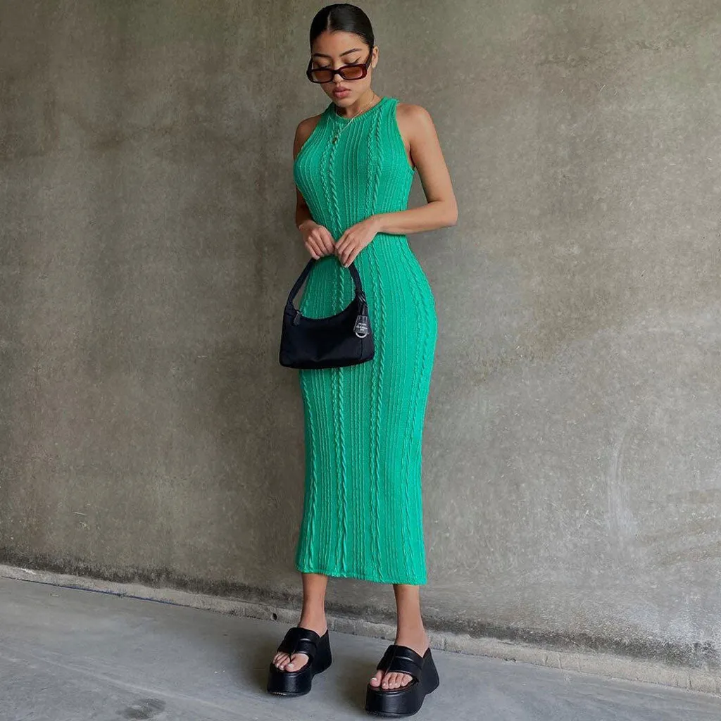 Trendy Sleeveless Round Neck Cable Knit Midi Dress - Green