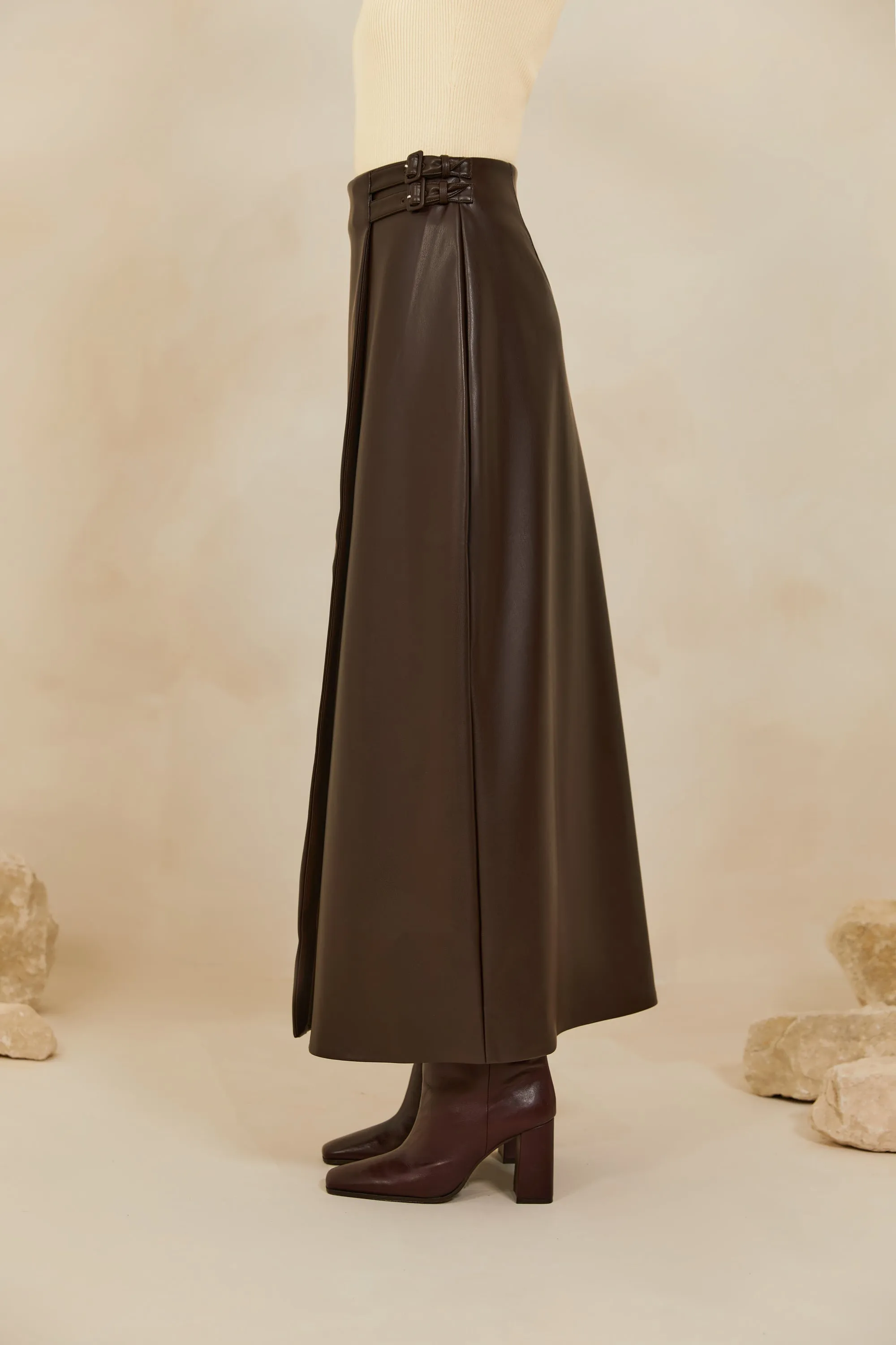 Vegan Leather Wrap Maxi Skirt - Java