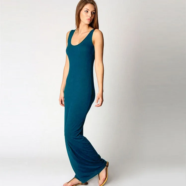 VenusFox Women High Stretch Tank Elegant Sexy O-neck Sleeveless Maxi Dress