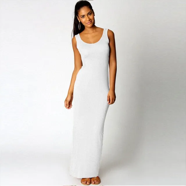 VenusFox Women High Stretch Tank Elegant Sexy O-neck Sleeveless Maxi Dress