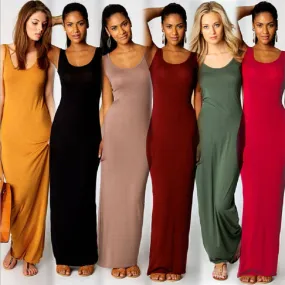 VenusFox Women High Stretch Tank Elegant Sexy O-neck Sleeveless Maxi Dress