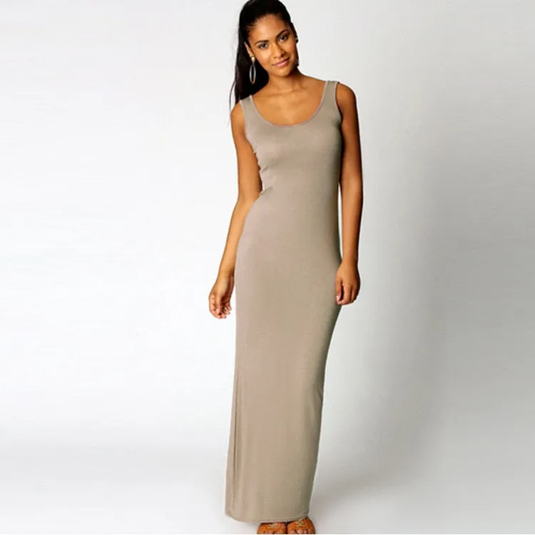 VenusFox Women High Stretch Tank Elegant Sexy O-neck Sleeveless Maxi Dress