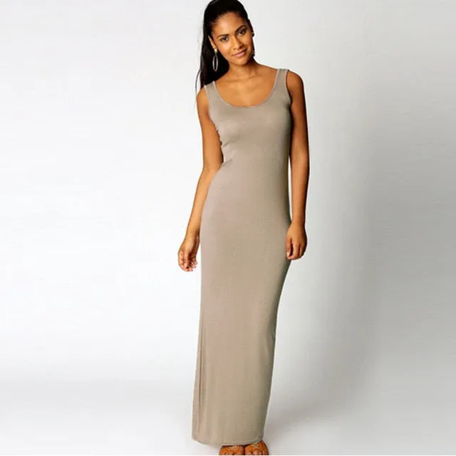 VenusFox Women High Stretch Tank Elegant Sexy O-neck Sleeveless Maxi Dress