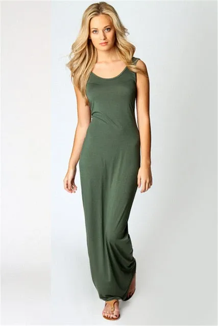 VenusFox Women High Stretch Tank Elegant Sexy O-neck Sleeveless Maxi Dress