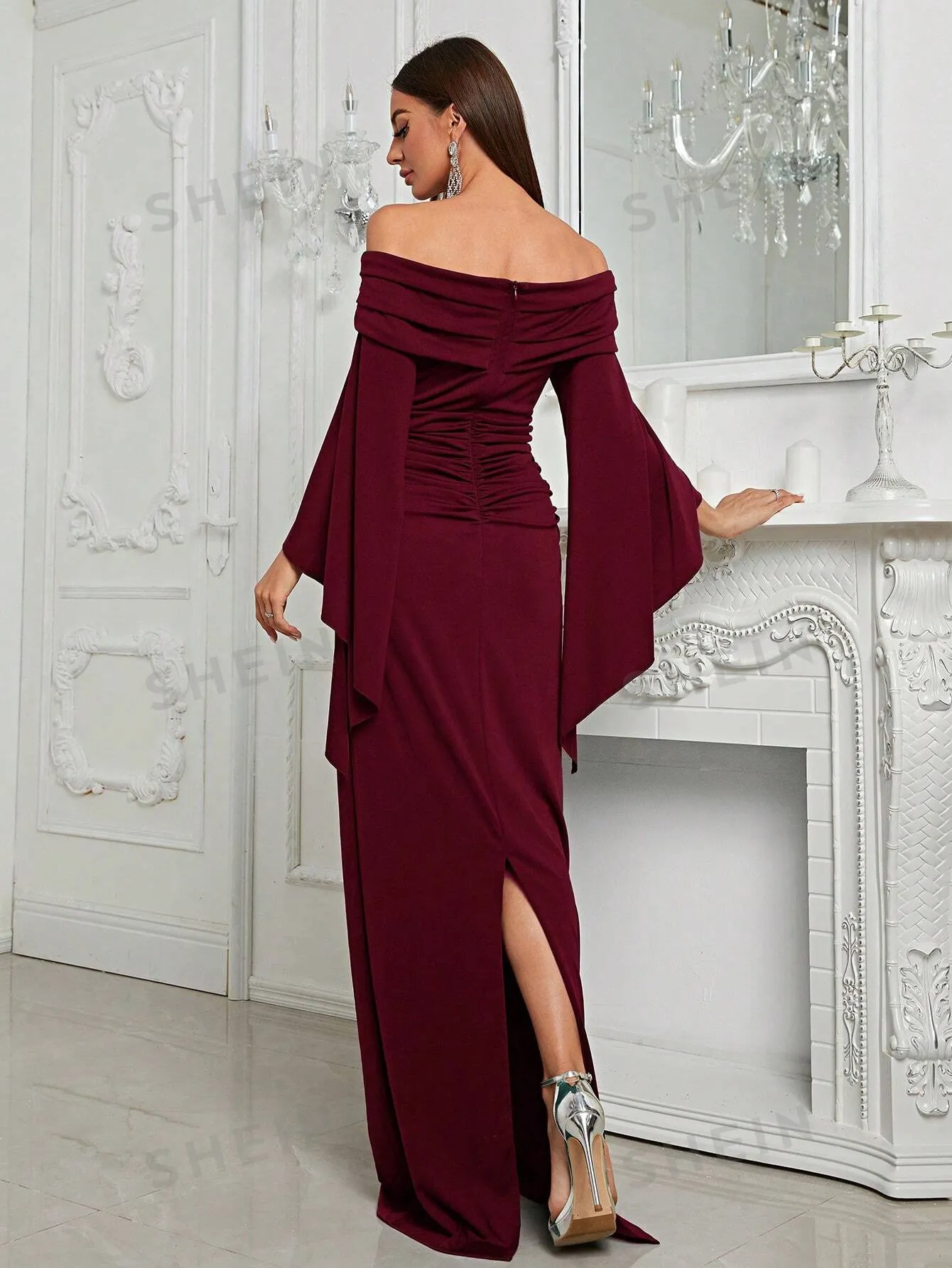 Very Elegant Off Shoulder Flare Sleeve Ruched Side Formal Dress