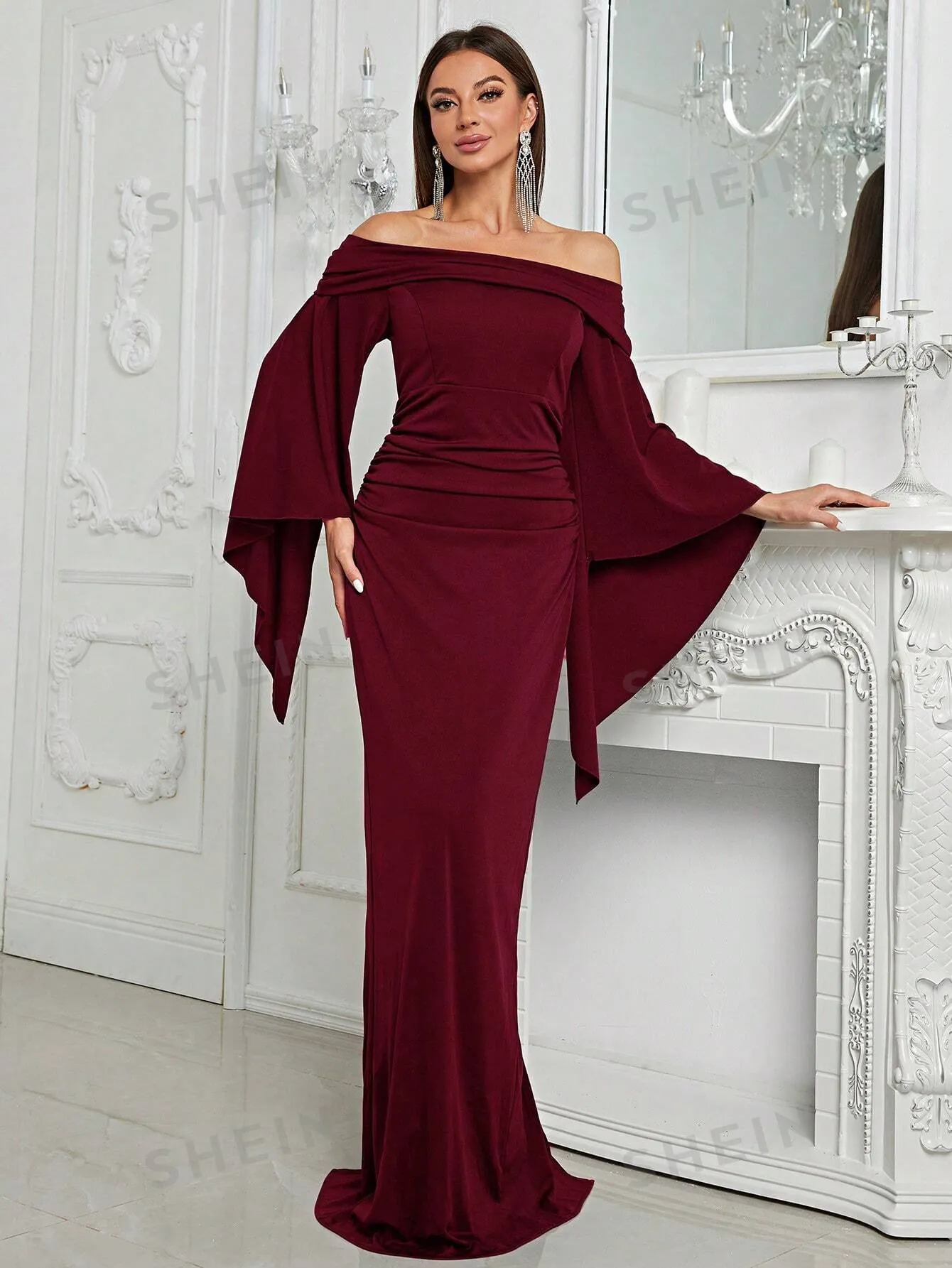 Very Elegant Off Shoulder Flare Sleeve Ruched Side Formal Dress