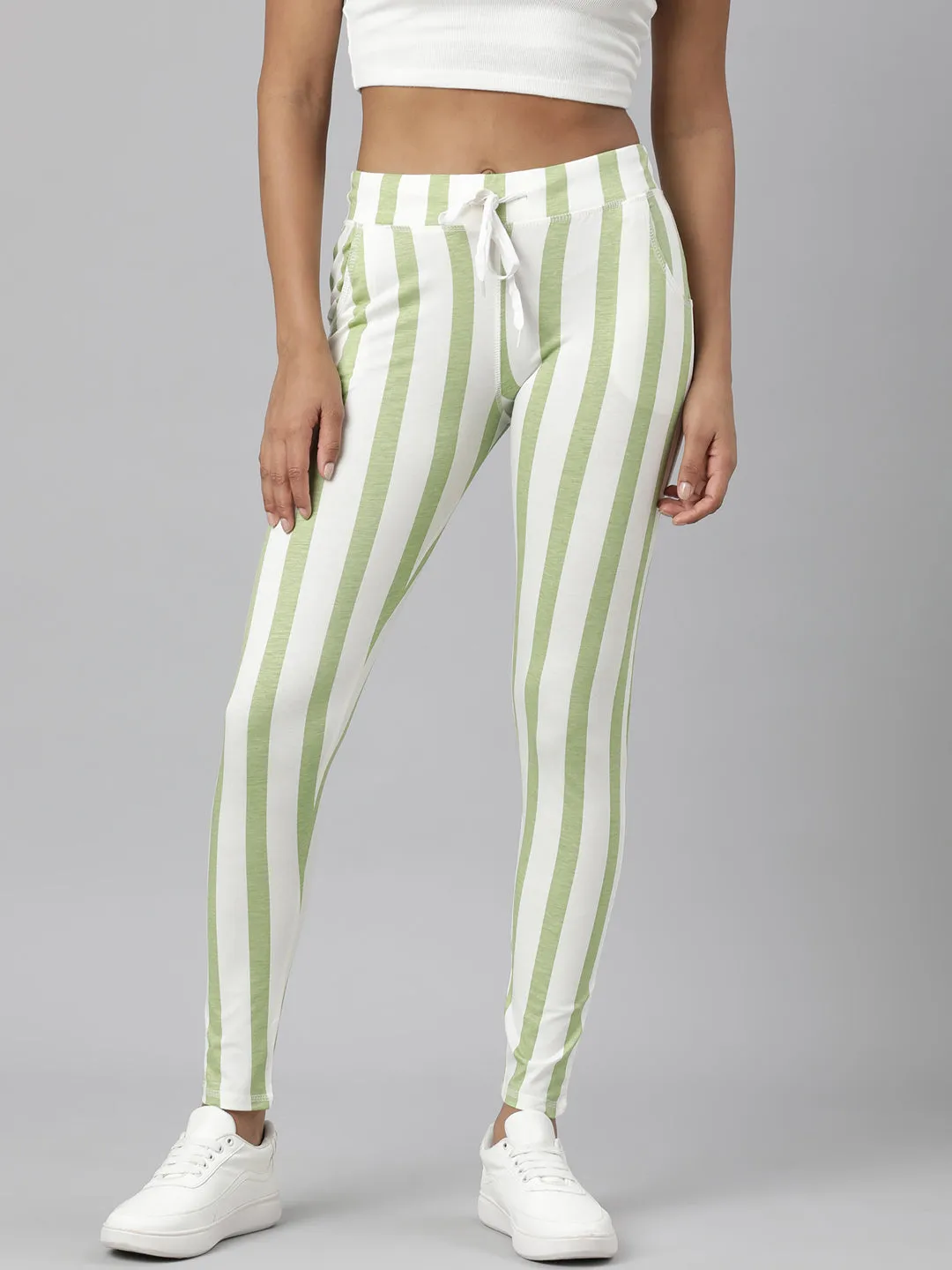 Women Green Striped Trackapant