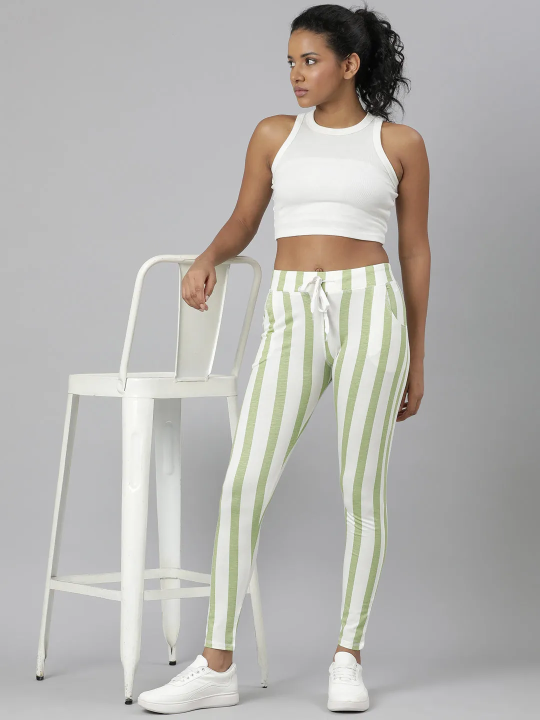 Women Green Striped Trackapant