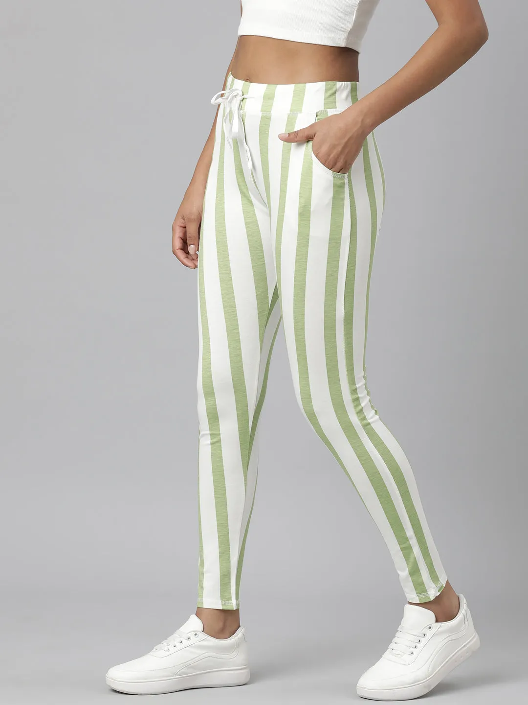 Women Green Striped Trackapant