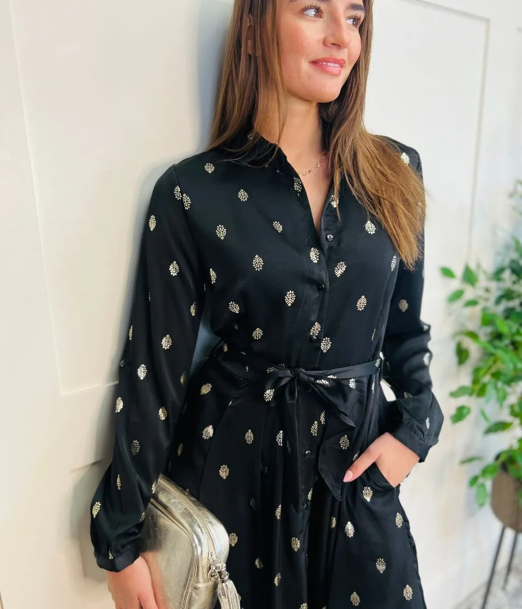 Zara Black Metallic Print Midaxi Shirt Dress